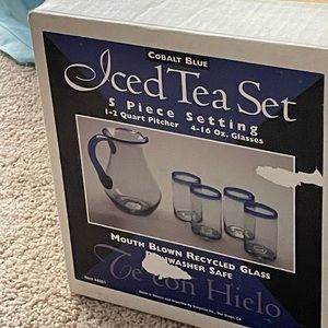 Brand new in the box Cobalt Blue 5 piece Tea Set Mouth Blown made Mexico glass